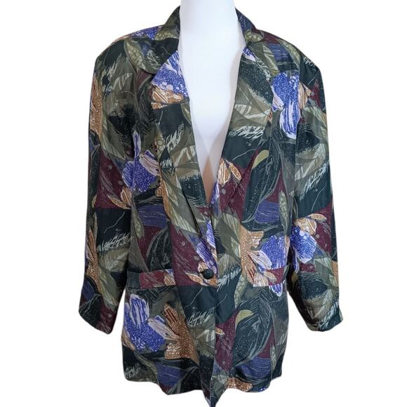 VINTAGE 80s 90s‎ Floral Silk Jacket Blazer M Artsy Tropical Career Office Work - Picture 3 of 13